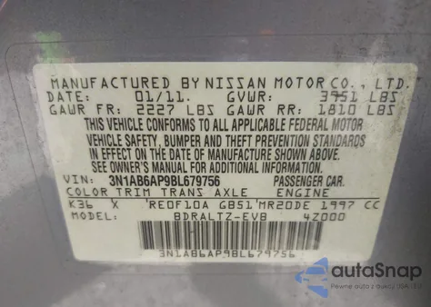 2011 Nissan Sentra 2.0S из США, поврежденный, VIN 3N1AB6AP9BL679756